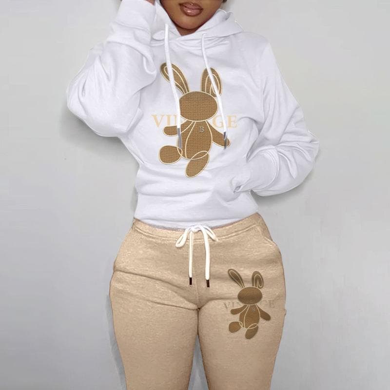 New Ladies Sweater European and American Fleece Sports Suit Bear Print Two-piece Set XL