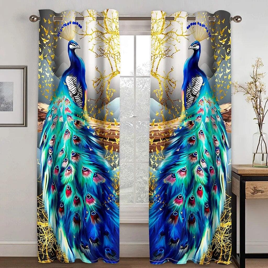 3D Digital Printing Custom Vintage Peacock With Flower Morden Luxury Bedroom Thick Window Curtains For Living Room 2 Panels W85xH200(CM)x2PCS-Grommet Top