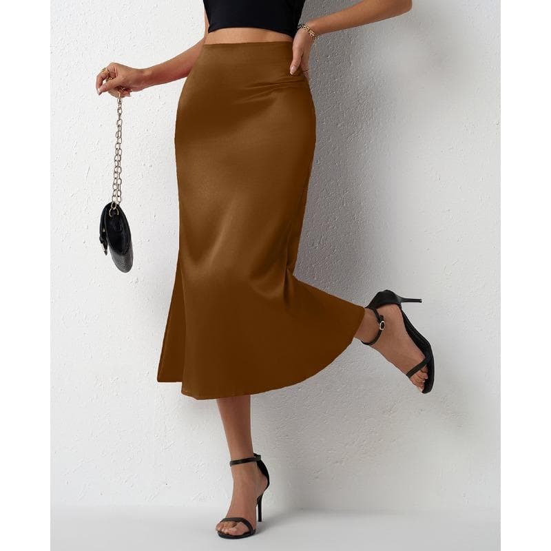 Women's Satin Skirt with Tail Fish Tail for Spring and Summer XXL dark brown