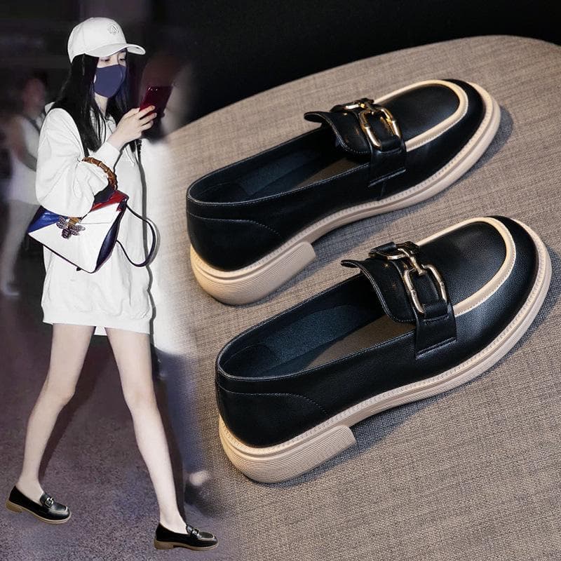 Small Leather Shoes Women's Spring New Flat-bottomed British Style Thick-heeled Single Shoes with Buckle Slip-on Loafers 40
