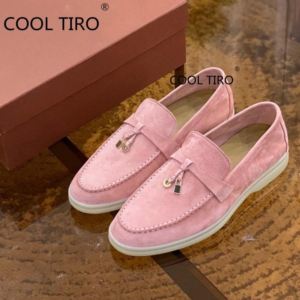 Woman Flat Shoes Slip On Women Loafers Leather Metal Lock Blue Suede Moccasins Mules Casual Driving Shoe Summer Walk Shoes Femme 40