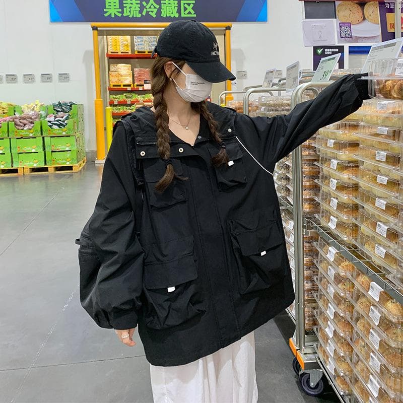 Women's Spring and Autumn New Multi-Pocket Windbreaker Jacket Women's Work Style Loose Large Size Jacket XL black