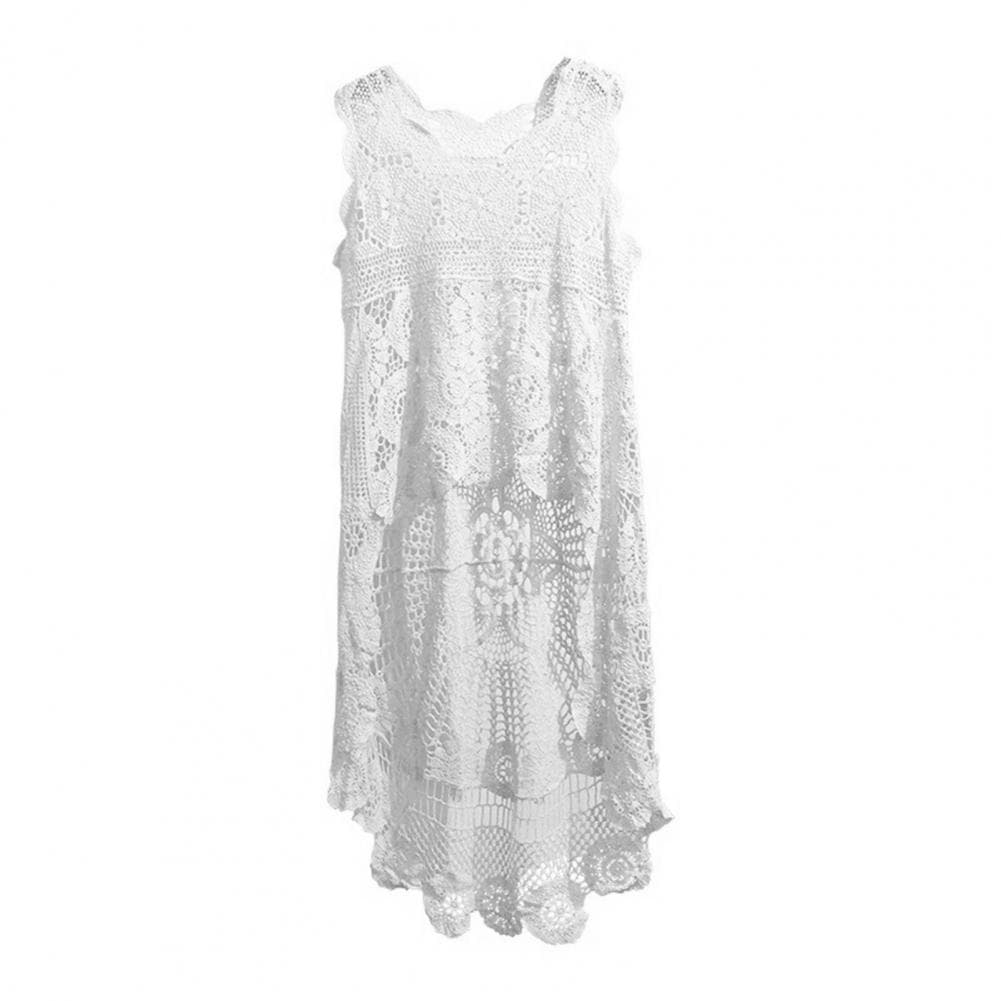 Summer Women Vest Hollow Lace Sleeveless O Neck Solid Color Irregular Hem Short Front And Long Back Retro Loose Pullover Casual One Size white