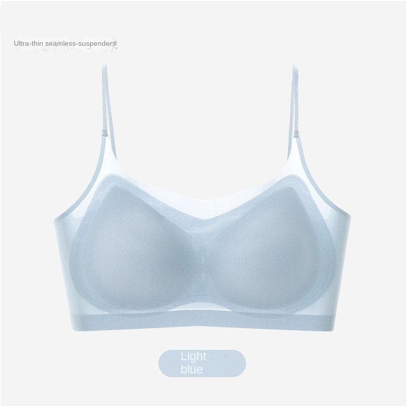 Ultra-Thin Breathable Ice Silk Top Bra Women's Seamless Back Halter Vest Wrap Bra Small Chest Together 2XL blue