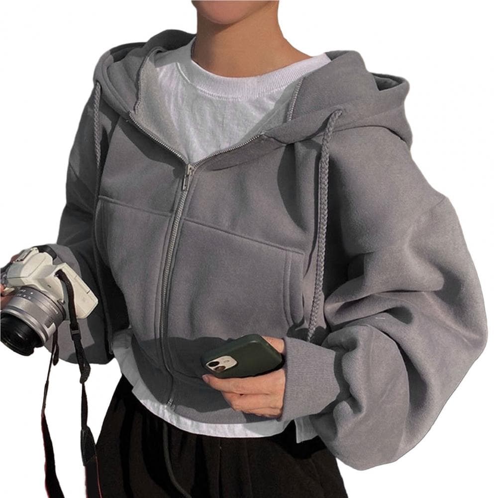 Ladies Coat Hooded Solid Color Drawstring Zipper Cardigan Loose Warm Casual Soft Elastic Cuff Lady Jacket L dark gray
