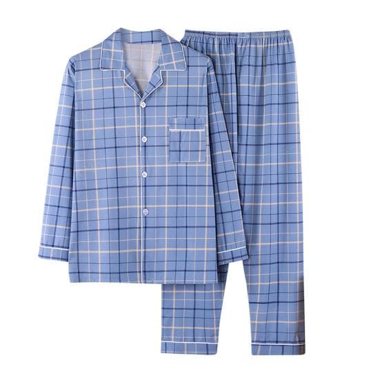 2Pcs/Set Men Pajamas Set Lapel Long Sleeve Single Breasted Tops Elastic Waist Long Pants Set Plaid Print Sleepwear XXL blue