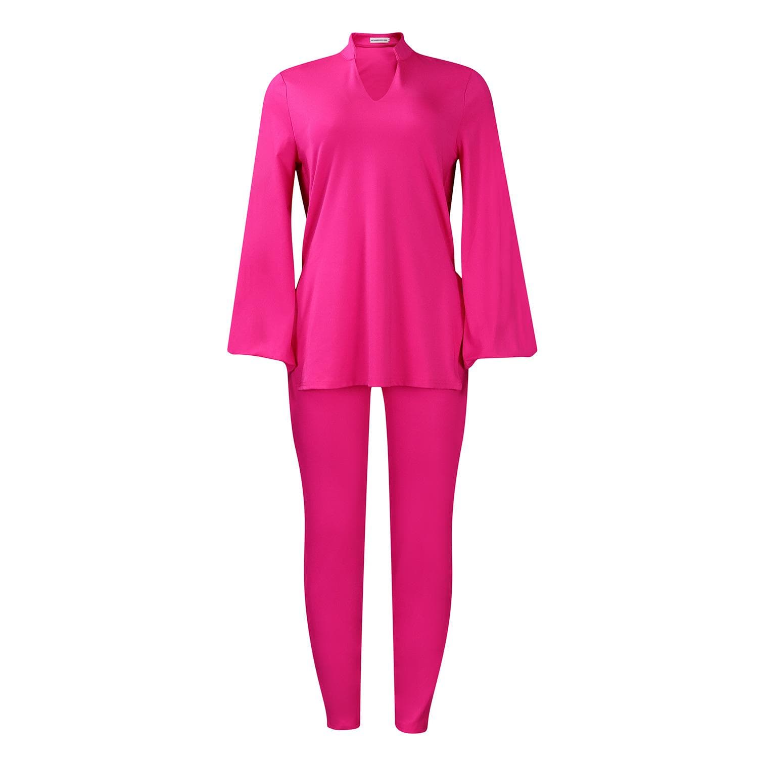 Plus Size Women's Autumn Fashion Solid Color V Neck Long Sleeve Top Pants Suit XL rose red