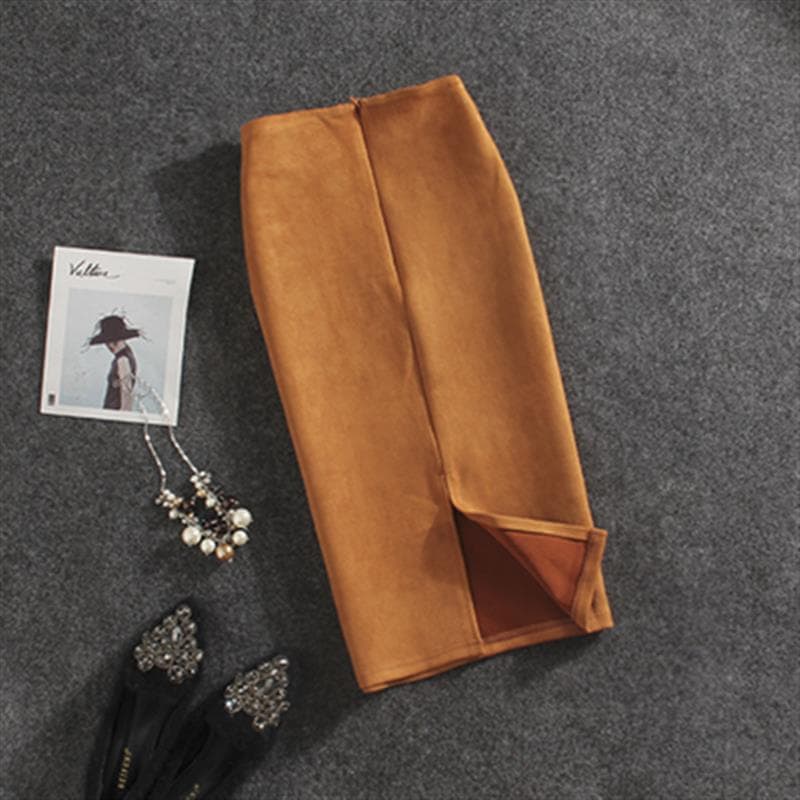 Women Skirts Suede Split Thick Stretchy Skirt Female Pencil Skirts Plus Size Skirt XL khaki