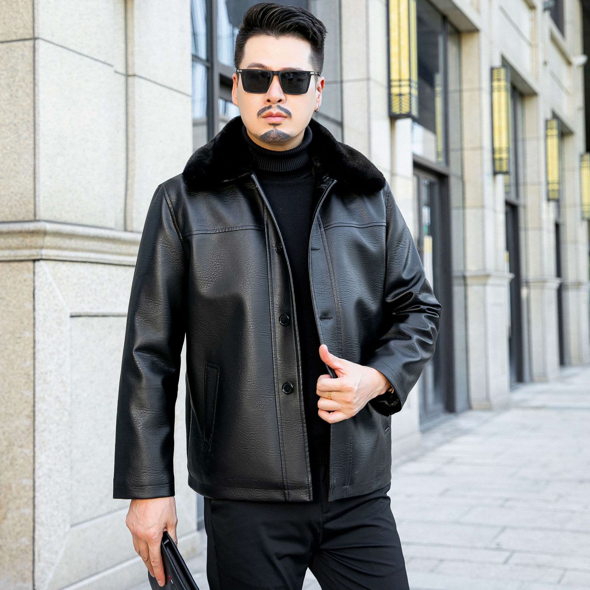 New Winter Casual Lapel Button Leather Coat Middle-aged and Old Dad Plus Fleece Thickened White Fur Jacket Men 60/4XL
