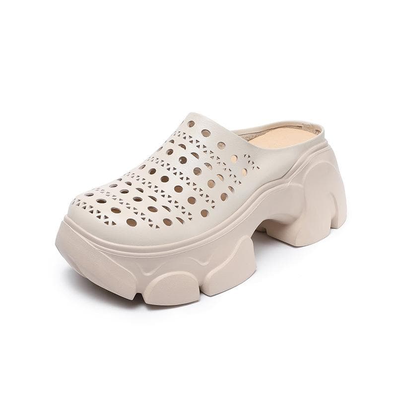 Johnature Genuine Leather Thick Soles Outdoor Slippers Vintage Hollow Out Breathable Women's Platform Shoes 40 beige