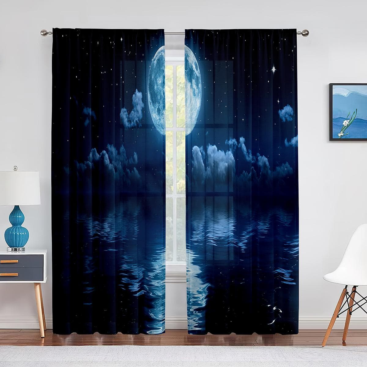 Fantasy Star Sky Meteor Moon Sheer Curtain for Living Room Bedroom Home Kitchen Chiffon Tulle Curtains Window Treatment Decor 1 PCS W100XH250cm&Grommet Top