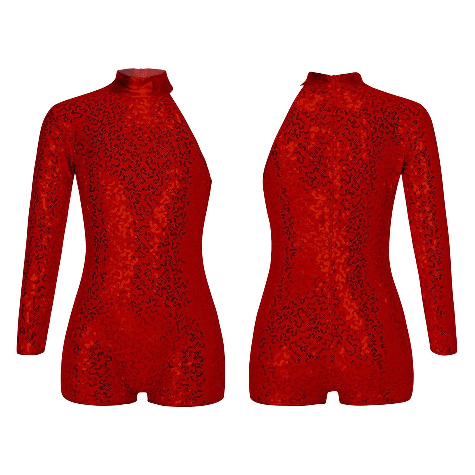 Kids Girls Single Long Sleeve Gymnastics Leotard Sequins Ballet Dance Unitards Short Jumpsuit 9-10 Years red