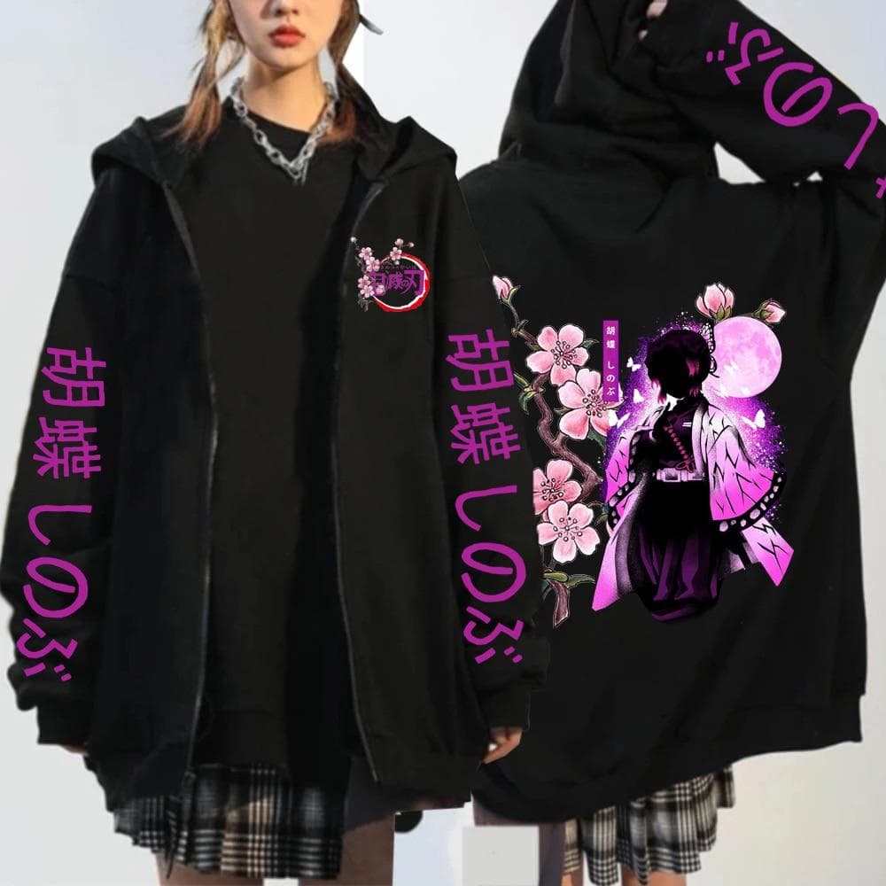 Fashion Anime Kochou Shinobu Zipper Hoodie Manga Winter Autumn Spring Casual Jacket Anime Sweatshirt Harajuku Demon Slayer Kimetsu No Yaiba Coats M