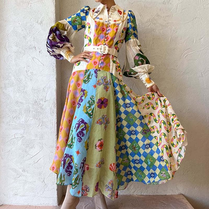 Women's Lantern Sleeve Printed Lapel Waist Long Sleeves Spring Dress for Women L