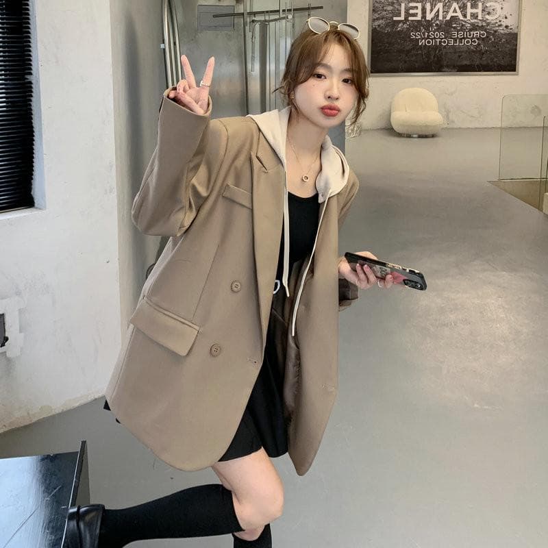 College Style Casual Loose Slim Fashionable Casual Sweatshirt Hooded Blazer for Women L