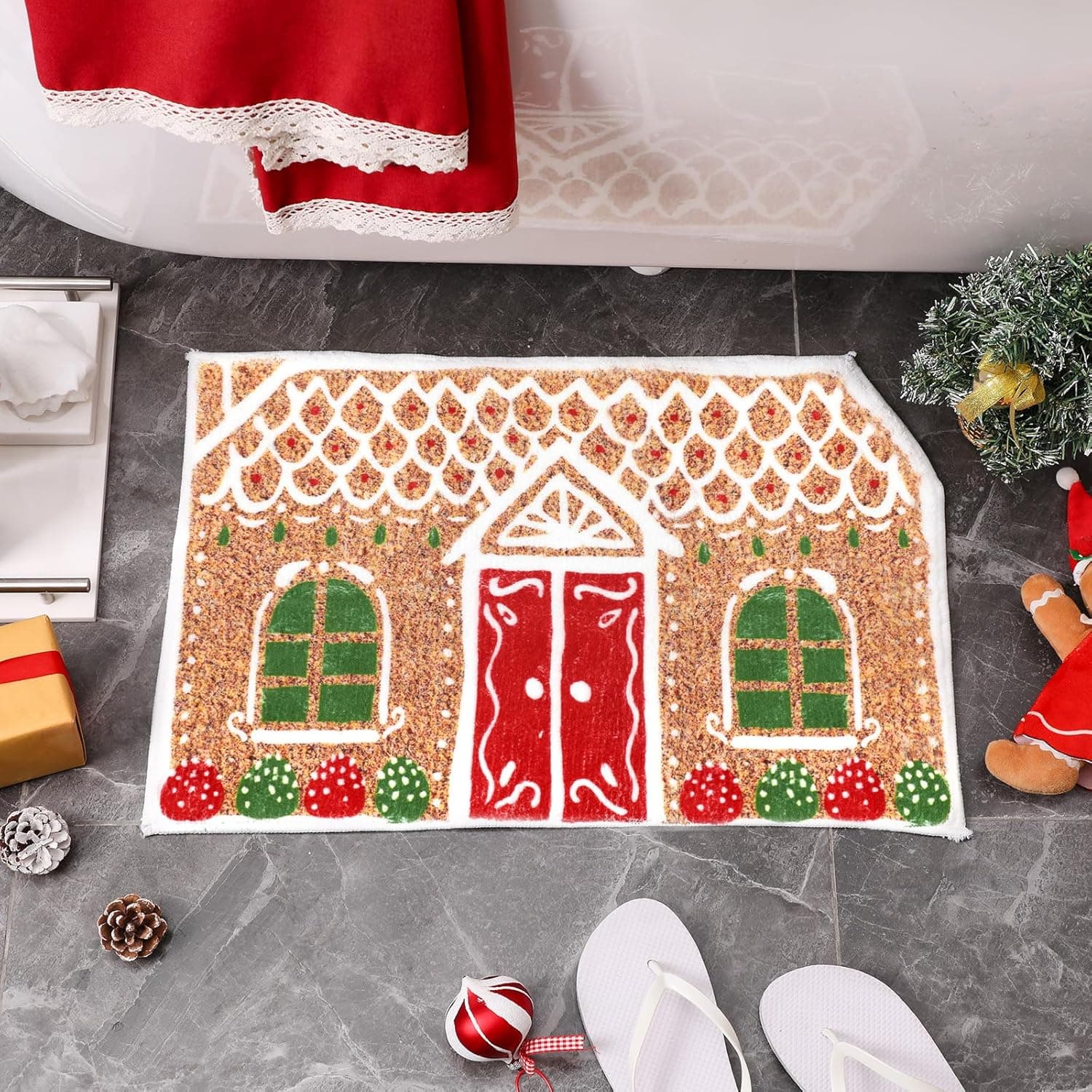 Christmas gingerbread House imitation cashmere carpet winter absorbent non-slip bathroom mat cute soft home decor 40x60cm 16x24inch