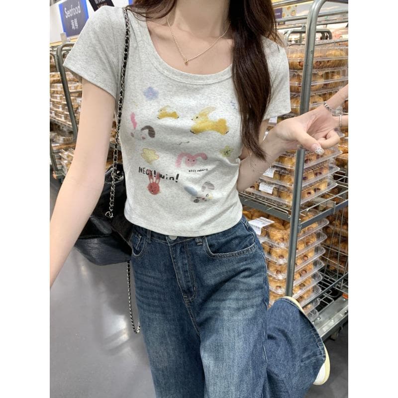 U-neck Front Shoulder Short Sleeve T-shirt for Women In Summer New Cute Cartoon Print Design Niche Short Top L