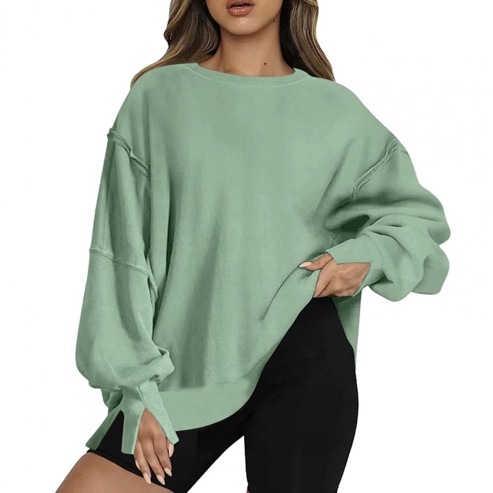 Women Oversized Sweatshirt Solid Color Crew Neck Long Sleeve Washable Non-Fading Casual Pullover Top S light green