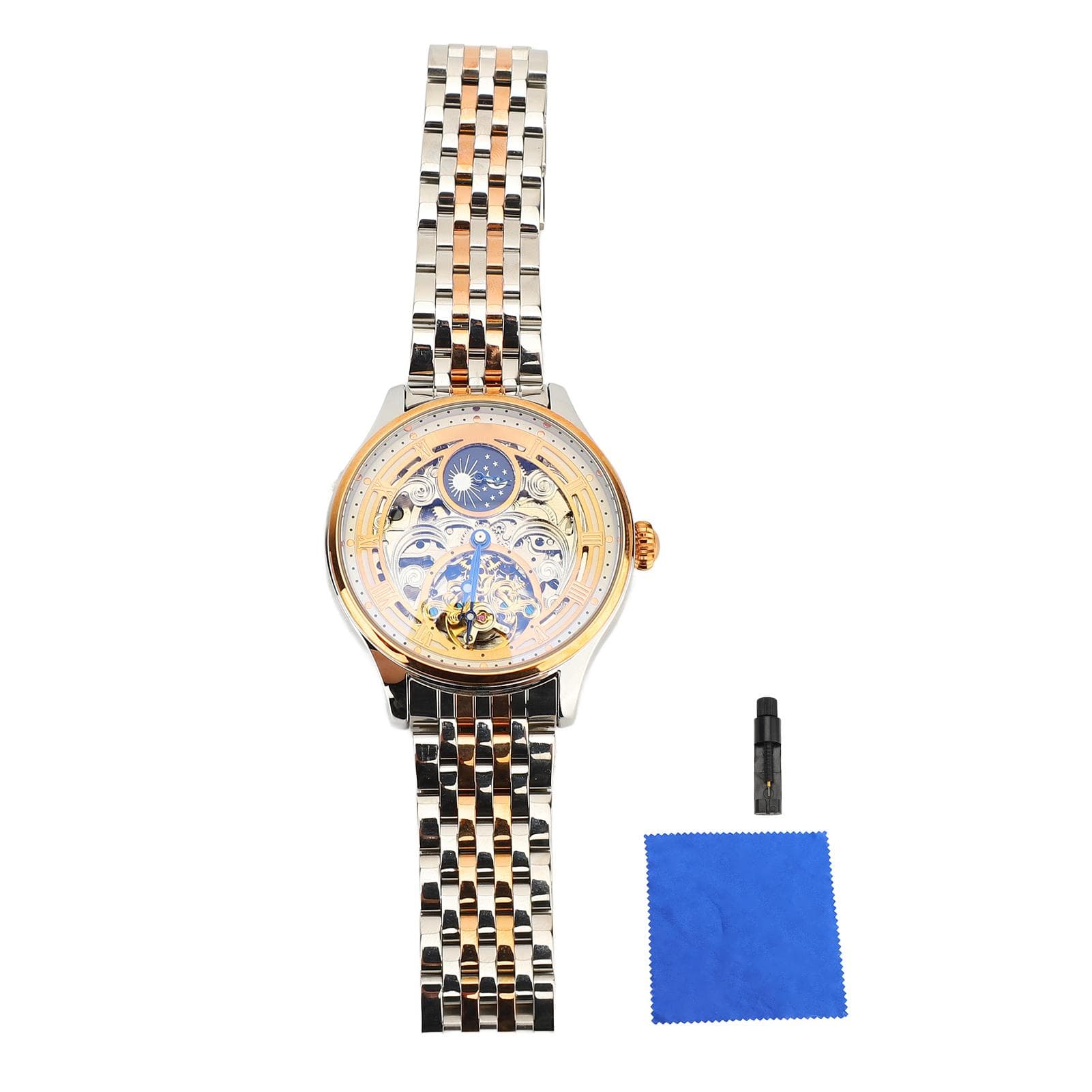 Mens Luxury Skeleton Automatic Mechanical Wrist Watch Tourbillon Skeleton Dial Moon Phrase