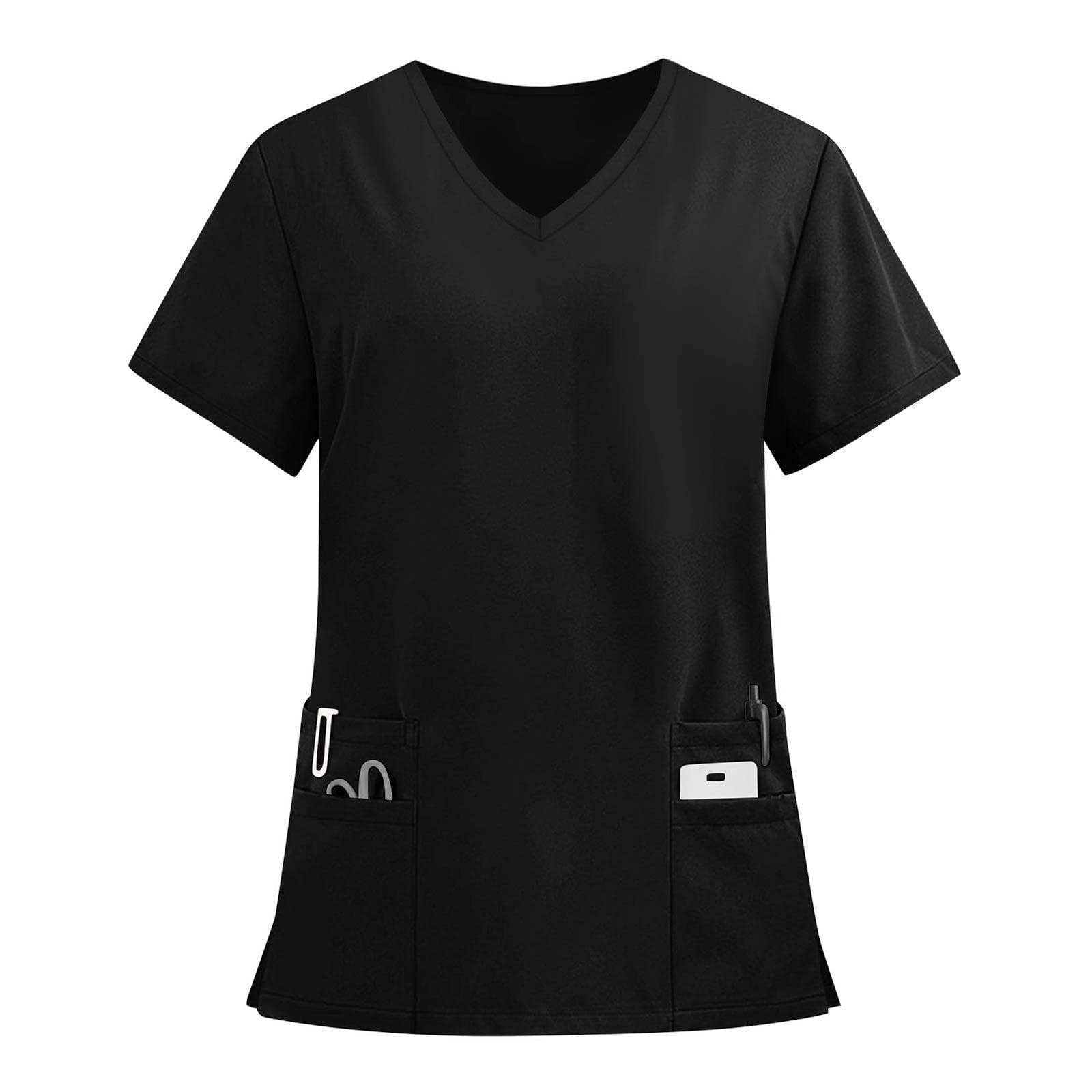 Women's Fashion Solid Short Sleeve V Neck Pattern Tops Pocket Working T-shirts M black