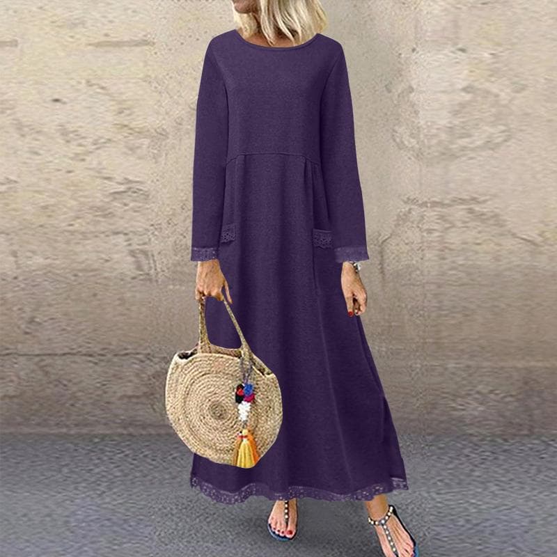 ZANZEA Autumn Winter Long Sweatshirt Dress Womens Casual O-neck Long Sleeve Lace Patchwork 4XL purple