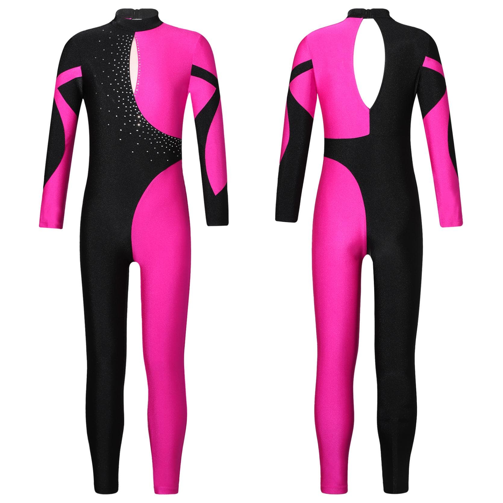 Kids Girls Stylish One Piece Skating Clothing Long Sleeve Stand Collar Shiny Rhinestone Decor Dance Leotards 9-10 Years hot pink