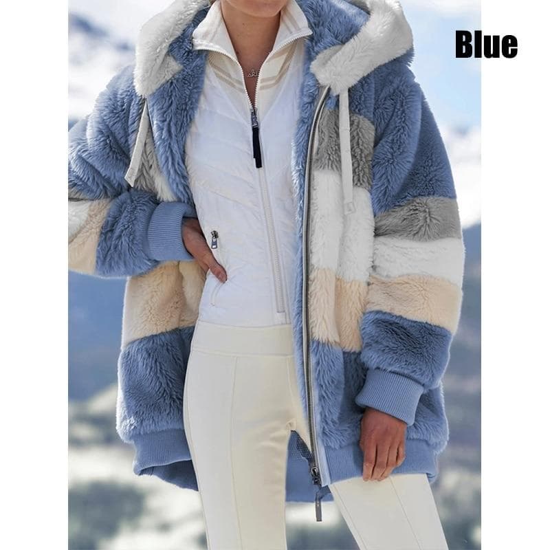 Winter Women's Fashion Hooded Warm Loose Jacket for Women Patchwork Outerwear Zipper Ladies Plus Size Sweaters XL blue