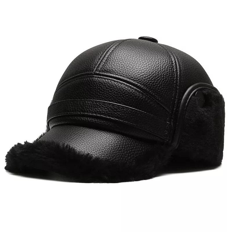 1Pc Men Baseball Caps with Ear Flaps Cotton Pu Warm Fall Winter Thick Hats black