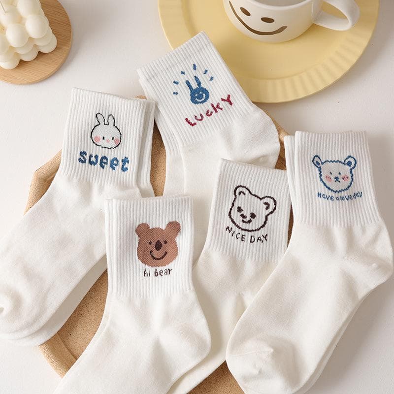 5 Pairs Cute Smiling Print Socks, Comfy & Soft Crew Sports Socks, Women's Stockings & Hosiery 5 Pairs