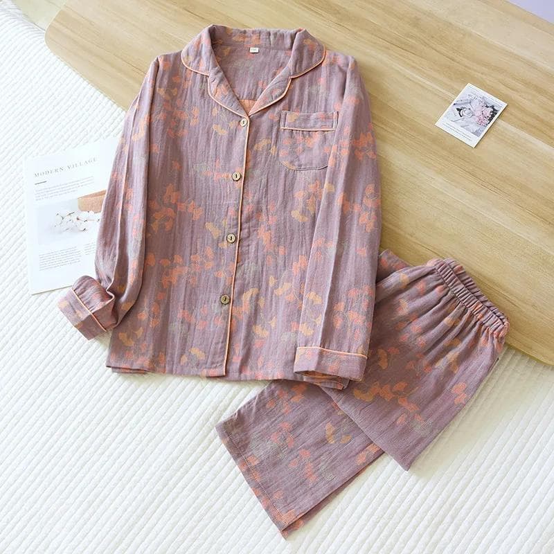 Spring and Autumn Women's Pajama Set 100% Cotton Jacquard Long Sleeve Pants Two Piece Leaf Home Furnishing Pajama Set XL