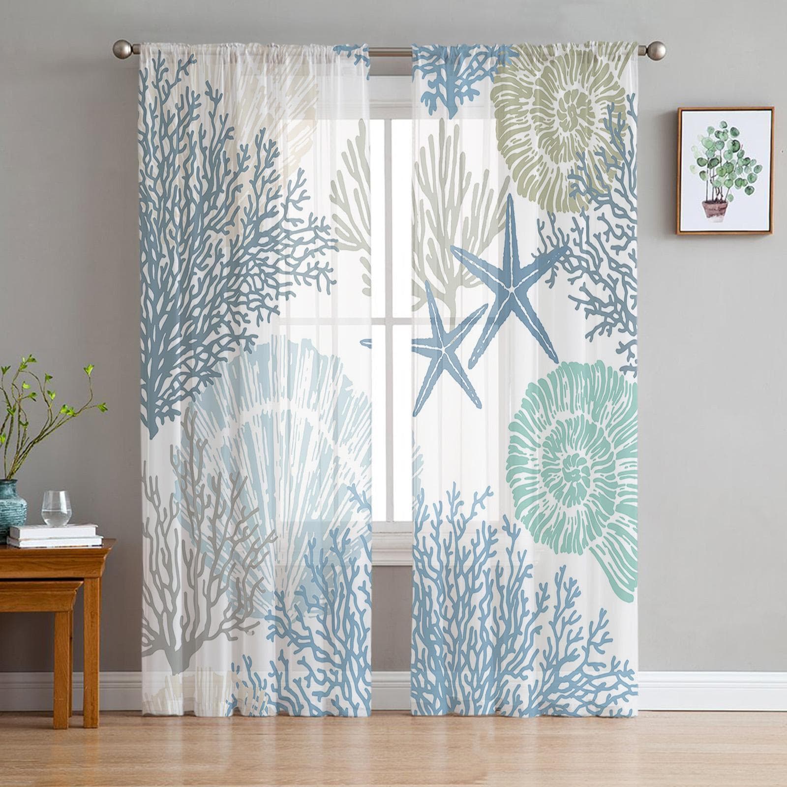 Blue Marine Coral Shells Starfish Sheer Voile Window Curtains Tulle Curtains Living Room Balcony Decoration Drapes 135W x 114H(cm)