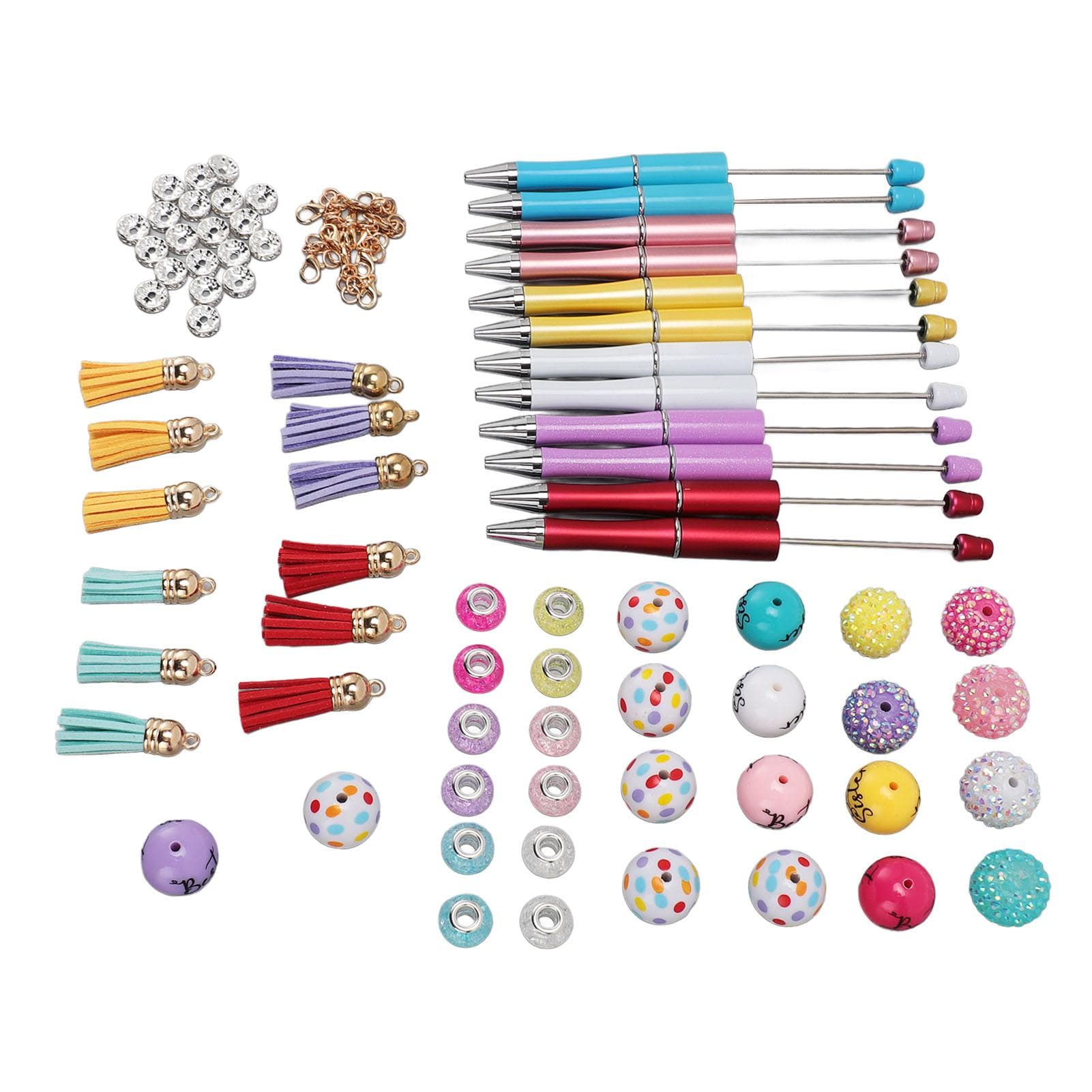 12PCS Beadable Pens Kit Bright Colors DIY Making Beaded Ballpoint Pens with Tassels for Office