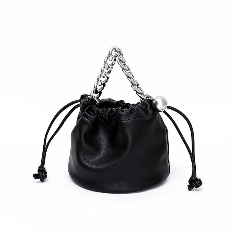 Niche Personality Drawstring Bucket Bag for Women's Retro Chain Leather One-shoulder Crossbody Bag Large Capacity black