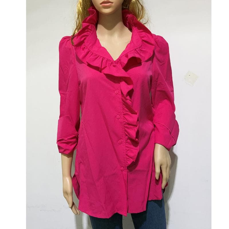 Fashion Ruffled V Neck Elegant Shirt Woman Office Lady Buttons White Blouse Women Sexy Shirts Puff Long Sleeve Chic Female Blouse 26550 L red
