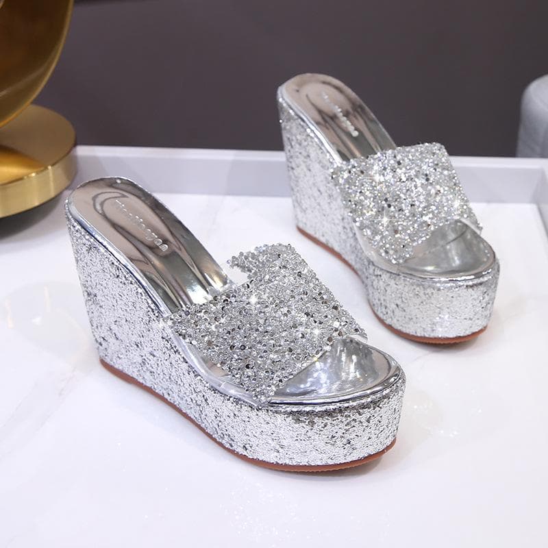 Fish Mouth Super High-heeled Women's Sandals Summer New Sequin Fashion Catwalk Wedge Fashion Casual Women's Single Shoes 38