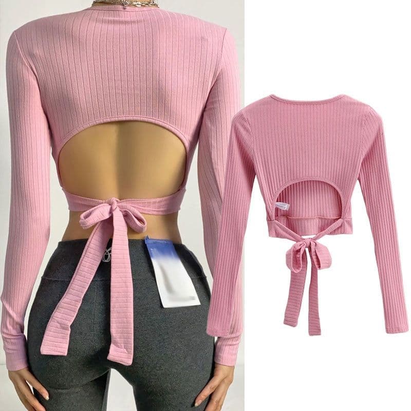Lace Cut-out Backless Thread Long-sleeved T-shirt Women's Slim Fitting Waist Short Top L pink