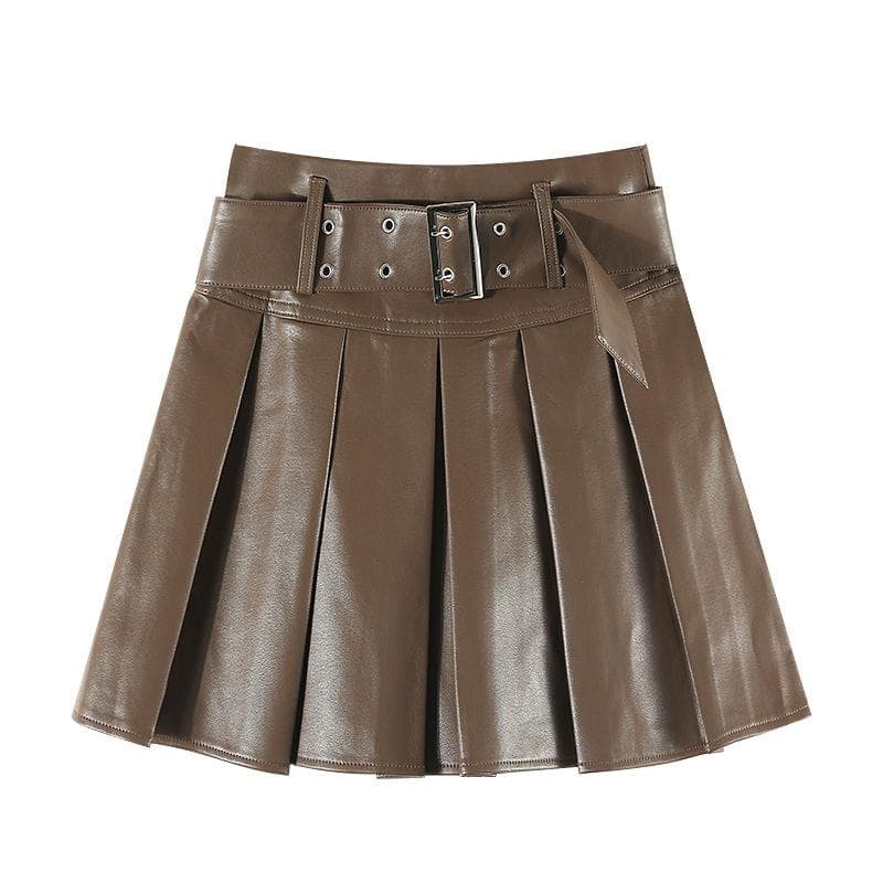 Harajuku Hotsweet High Waist Belt PU Pleated Skirt Women All Season Girls Sexy Cute Streetwear Y2k Mini Skirts XXXL coffee