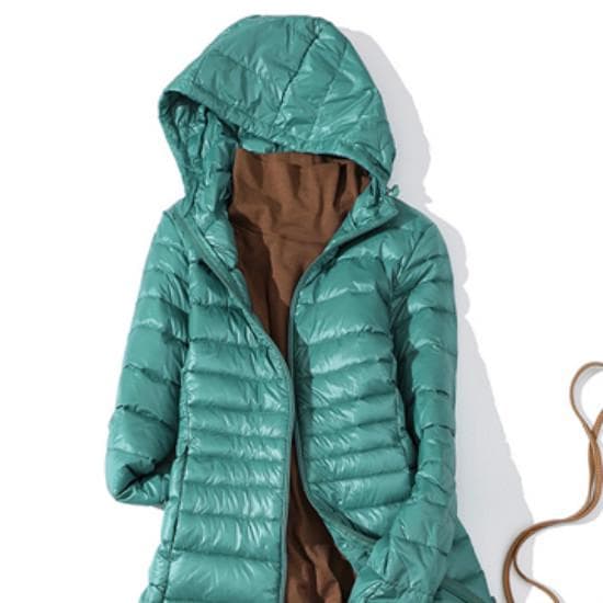 Padded Hooded Long Jacket Duck Down Female Ultra Light Slim Solid Jackets Coat Portable Parka XL aqua/green