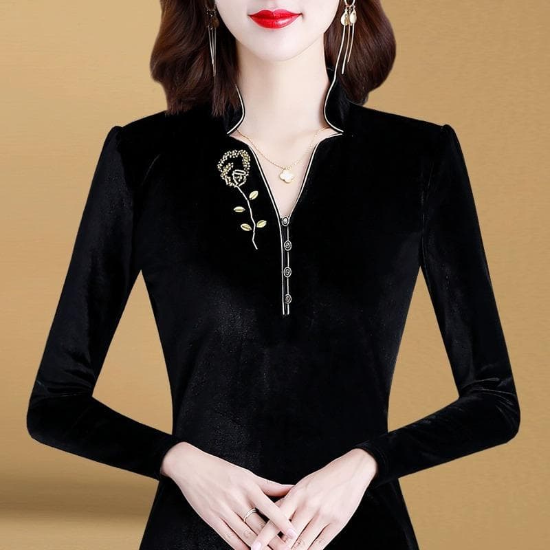 Temperament V-neck Base Shirt for Women Long-sleeved Winter New Style Middle-aged Mother Slim Gold Velvet Top 4XL