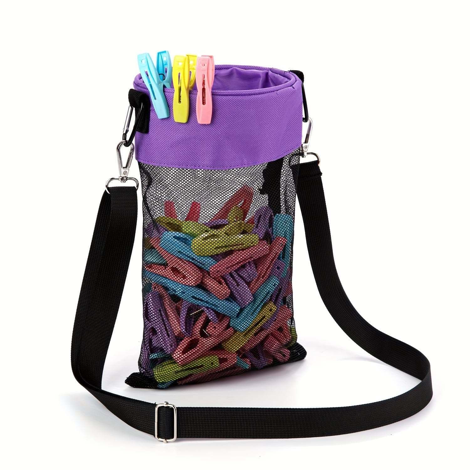 Mesh Clothing Rack Bag with Hooks, Shoulder Straps, Hanging Clothes Rack, Closed Clothes Rack with Drawstring Storage Bag for Drying, Beach Shell Bag purple