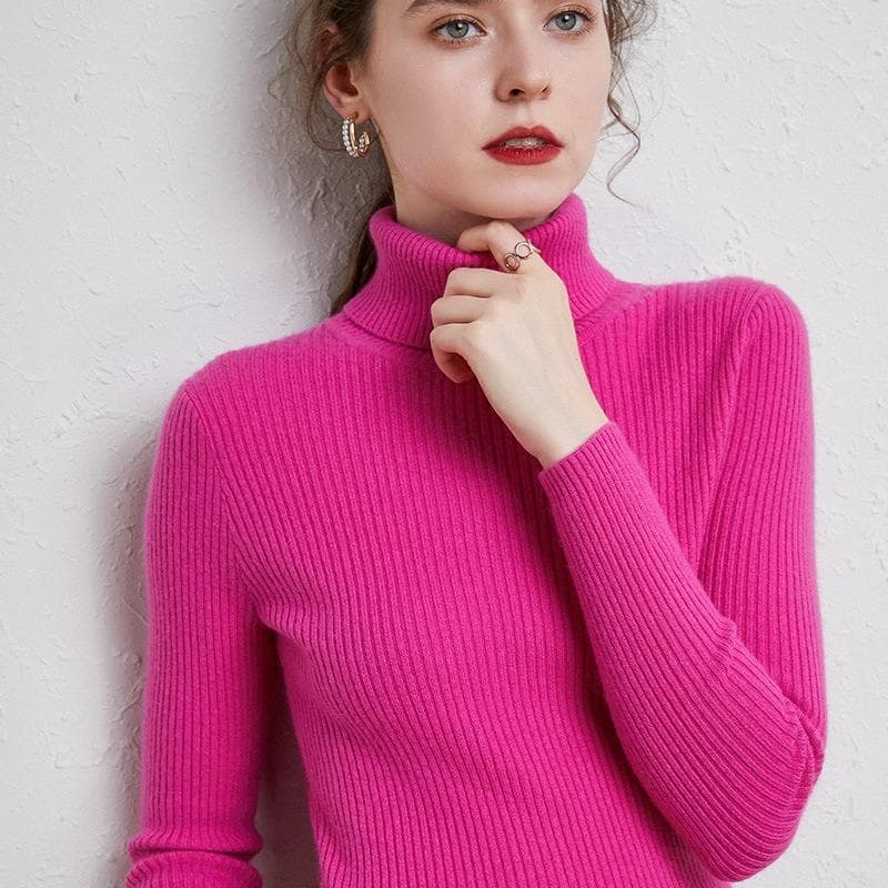 Autumn and Winter High Neck Sweater Slim Thickened Pullover Short Section Long-sleeved Tight Knitted Bottoming Shirt S rose red