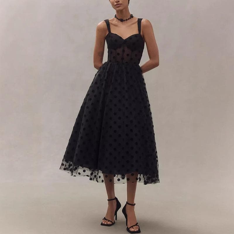 Women Patchwork High Waist Party Dress New Luxury Mesh Suspender Folds A-line Dress Temperament 2025 Polka Dot Slim Long Dress M black