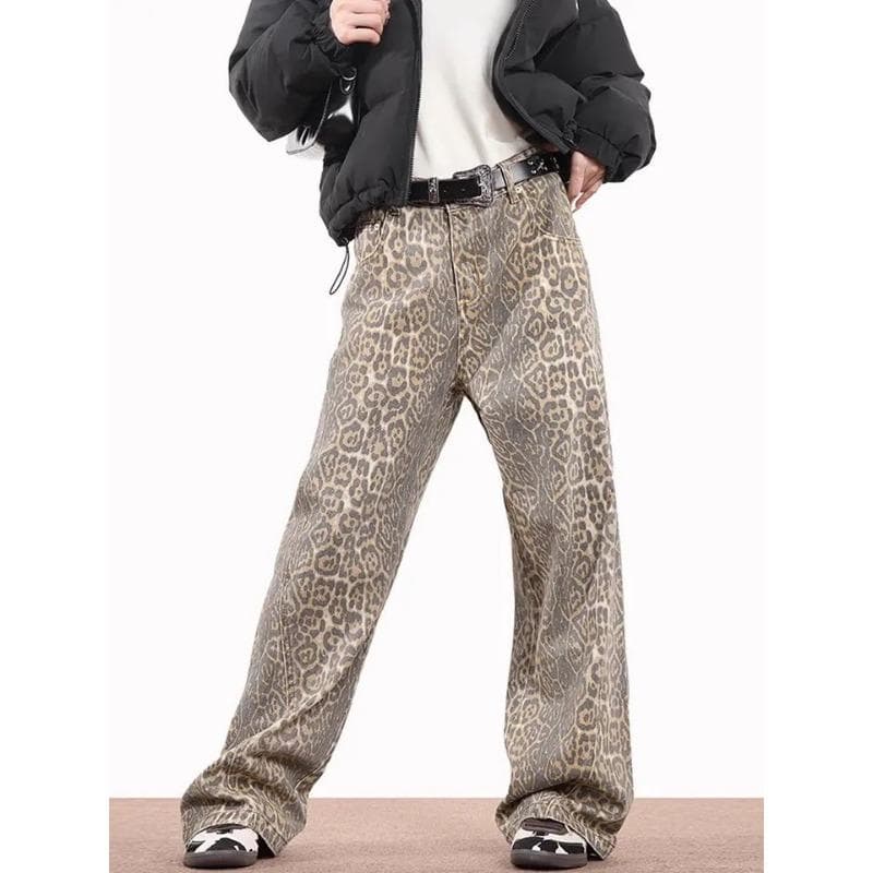 Retro Leopard Print Wide-leg Jeans for Women In Spring and Summer Design High Waist Slim Loose Straight Pants M