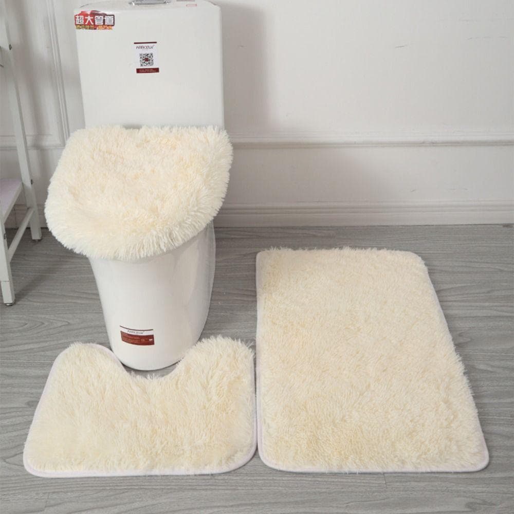 3pcs/set Fluffy Hairs Toilet Lid Cover Rugs Solid Color Shower Carpets Sets Shower Room beige