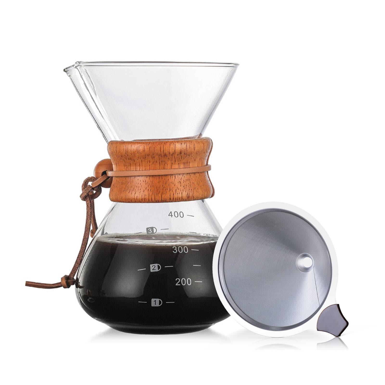 Pour Over Coffee Maker 27oz Paperless Glass Carafe with Stainless Steel Filter Reusable Glass 14oz