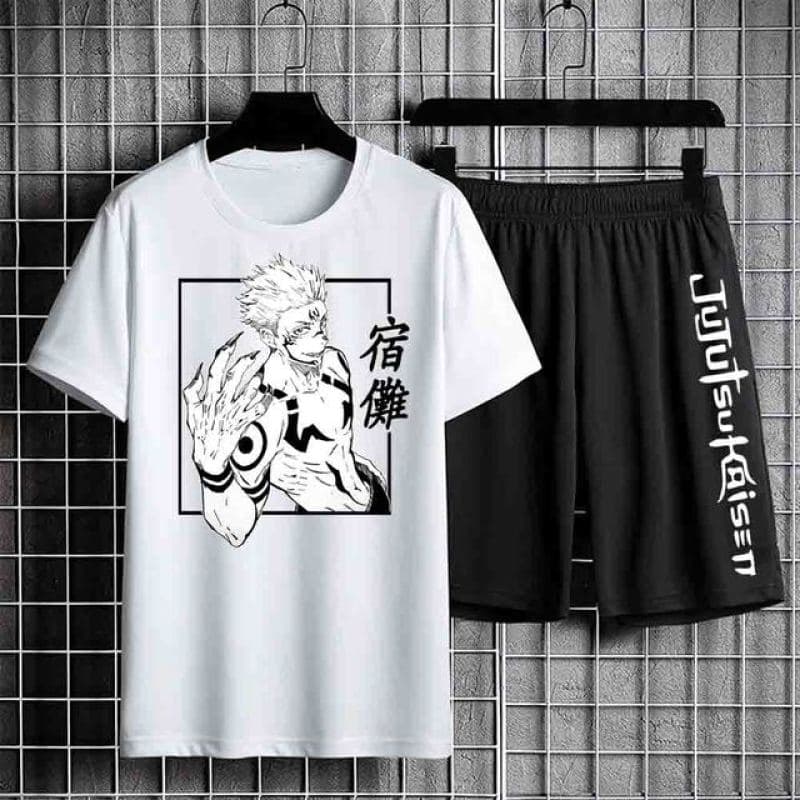 Anime Tshirt Unisex Sweatpants Male Jujutsu Kaisen Set Anime Short-set Short Sleeve Sets Streetwear Clothes for Men L
