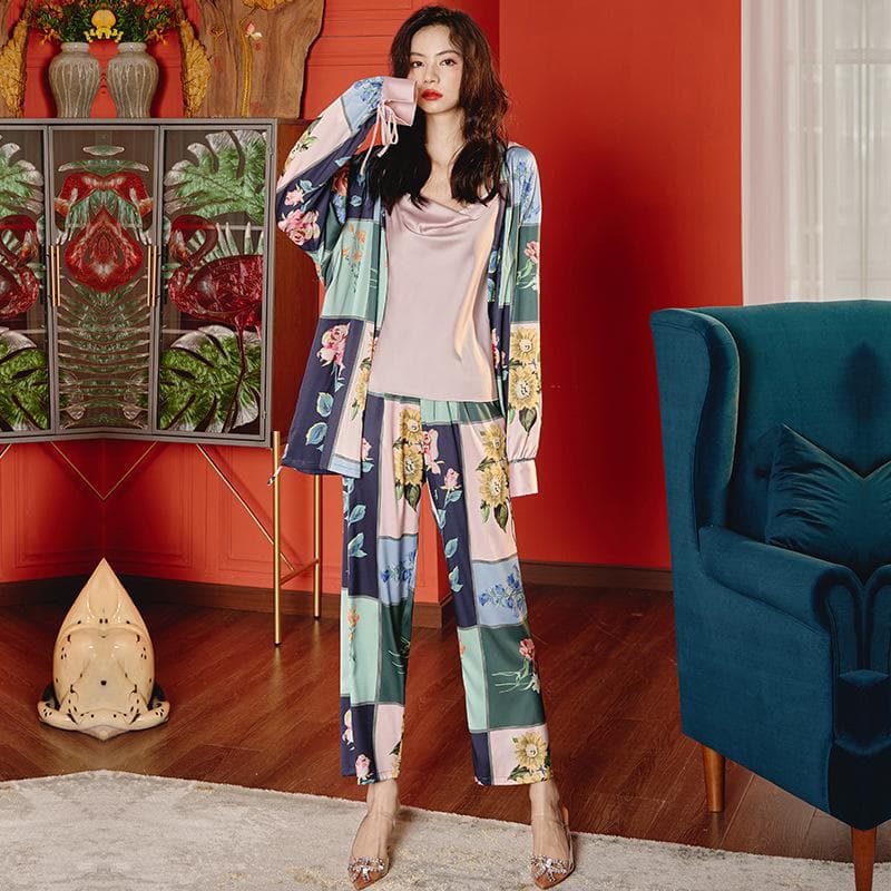 New Pajamas for Women Spring and Summer Long-sleeved Women's Plaid Satin Three-piece Set Home Wear Sleep Top XL