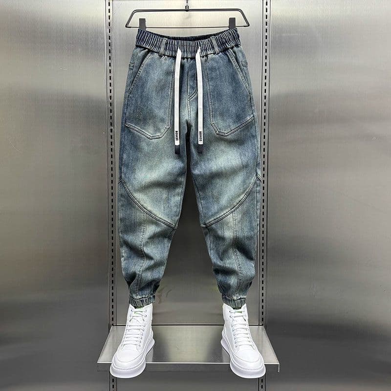 Spring Autumn Men's Denim Jeans Loose Harem Pants Elastic Waist Cuffs Casual Clothing Men L blue