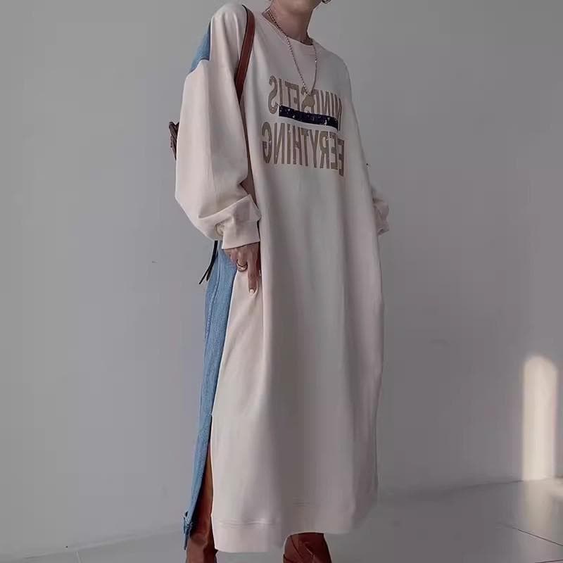 Autumn and Winter New Denim Sweatshirt Dress Women's Knee-length Korean Style Fake Two-piece Casual Lazy Style Skirt XL