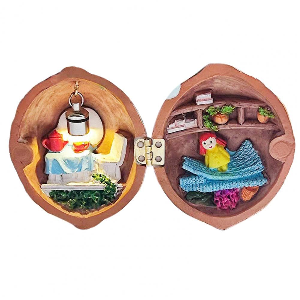 7.5*6.5cm Walnut Shell Decoration With Light Tiny World Inside Doll House Miniature Book Store Library Ornament Birthday Gift